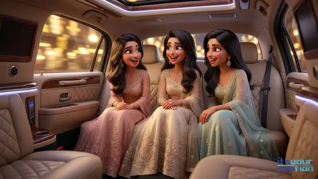 An excited Indian fianc&eacute;e laughing with her squad inside a luxury limousine during her bachelorette trip.