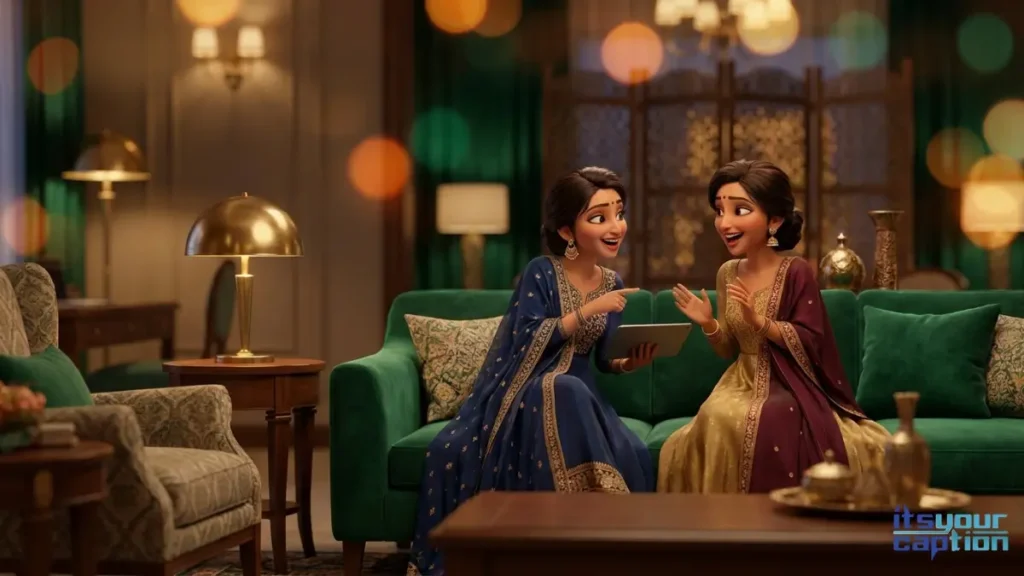 Two stylish Indian sisters posing for wedding countdown photos in an elegant hotel suite.