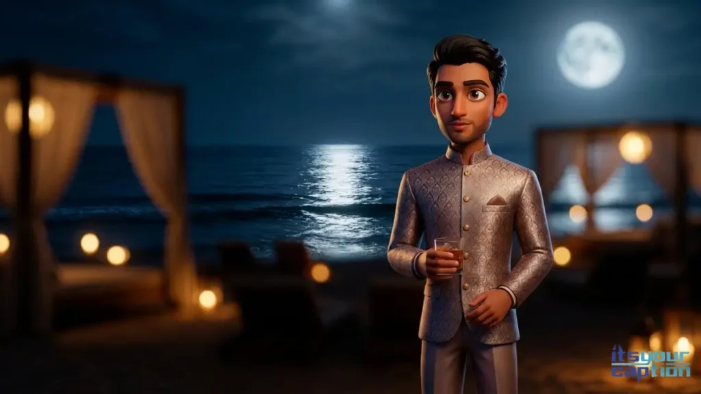 A young Indian man holding a phone at a beach club with a clear moon reflecting in the ocean.