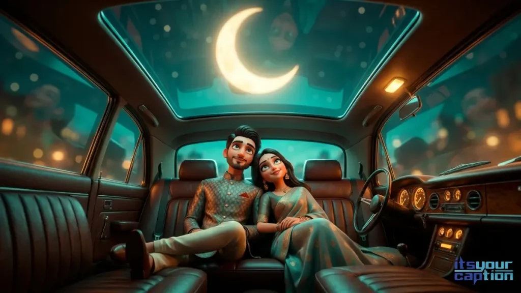A wealthy Indian couple looking up through the panoramic glass roof of a vintage car, living out the perfect midnight aesthetic words.