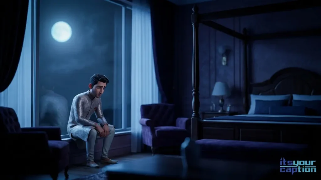 A lonely young Indian man looking out a window at a pale, distant moon in a dark night sky.