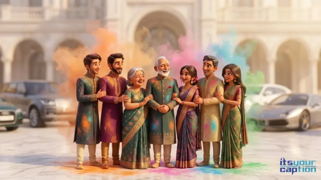 A large wealthy Indian family smiling together in a luxury courtyard, perfectly matching classic lines for a massive festival of colors group picture.