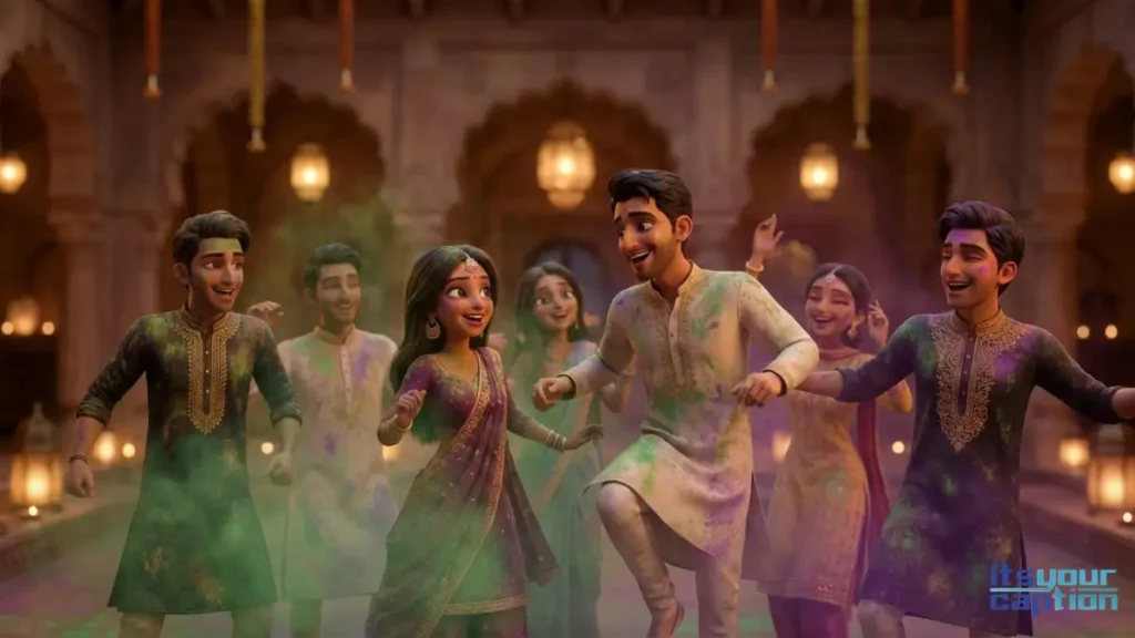 Elite Indian friends dancing while covered in neon powder, capturing the ultimate desi spring color celebration vibes.