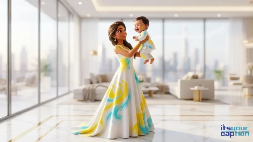A high net worth Indian mother holding her laughing baby covered in vibrant colors, capturing newborn colorful moments for the family album.