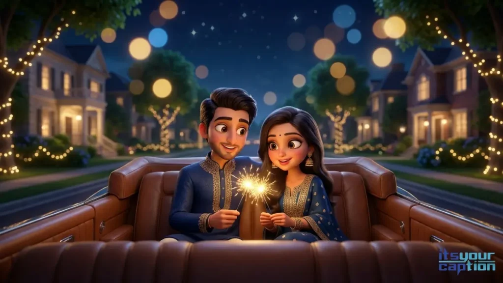 A wealthy Indian couple elegantly lighting sparklers together in the back of a luxury convertible car, fitting late night light festival Instagram quotes.