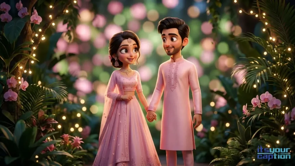 An elegant Indian couple wearing matching pastel pink traditional outfits holds hands in a lush botanical garden, perfect for matching festive couple quotes.