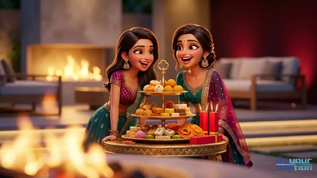 Two stylish Indian girlfriends laughing over a massive luxury box of traditional sweets and sparklers in a private courtyard, perfect for quotes for eating traditional festive desserts.