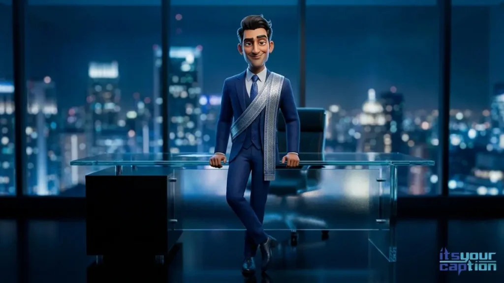 A young Indian chartered accountant leaning against a desk in a corner office overlooking the city after passing his final exams.