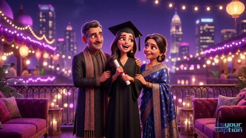 A proud Indian family celebrating their daughter's postgraduate university milestone at an exclusive rooftop lounge.