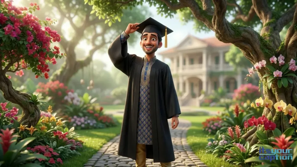 A solo photo of an Indian male graduate looking triumphant while walking through an elite botanical garden.