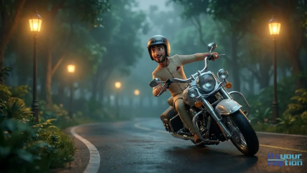 An elite rider navigating a quiet forest road illuminated by premium streetlamps.