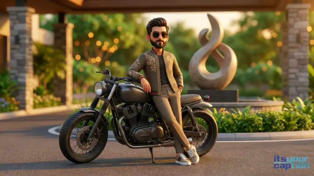 A wealthy Indian rider relaxing on his motorcycle outside an exclusive private club.