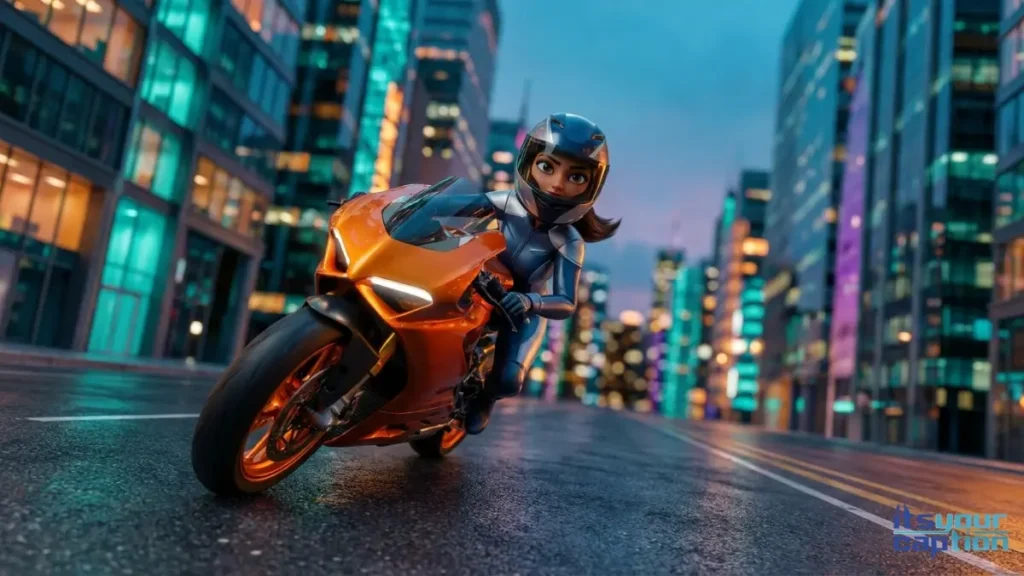 A stylish female rider weaving through city lights on her heavy superbike.