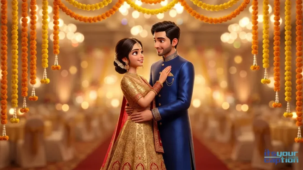 A beautiful Indian couple dressed in elegant traditional attire sharing a laugh during their lavish desi roka celebration.