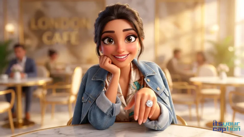 A young Indian woman resting her hand on a marble cafe table to perfectly photograph her beautiful new diamond for her followers.