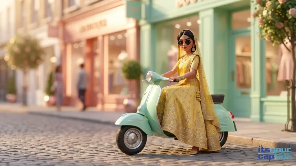 A beautiful Indian bride riding a vintage scooter with traditional style seeking desi swagger pre-wedding picture lines.