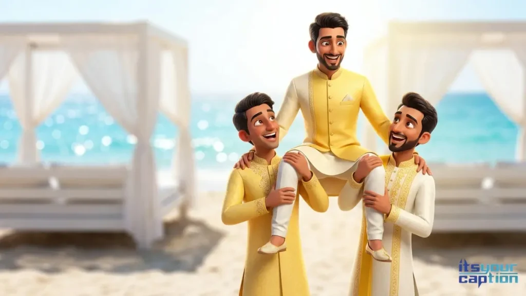 A group of male friends lifting the groom on their shoulders while looking for group turmeric celebration words for social media.