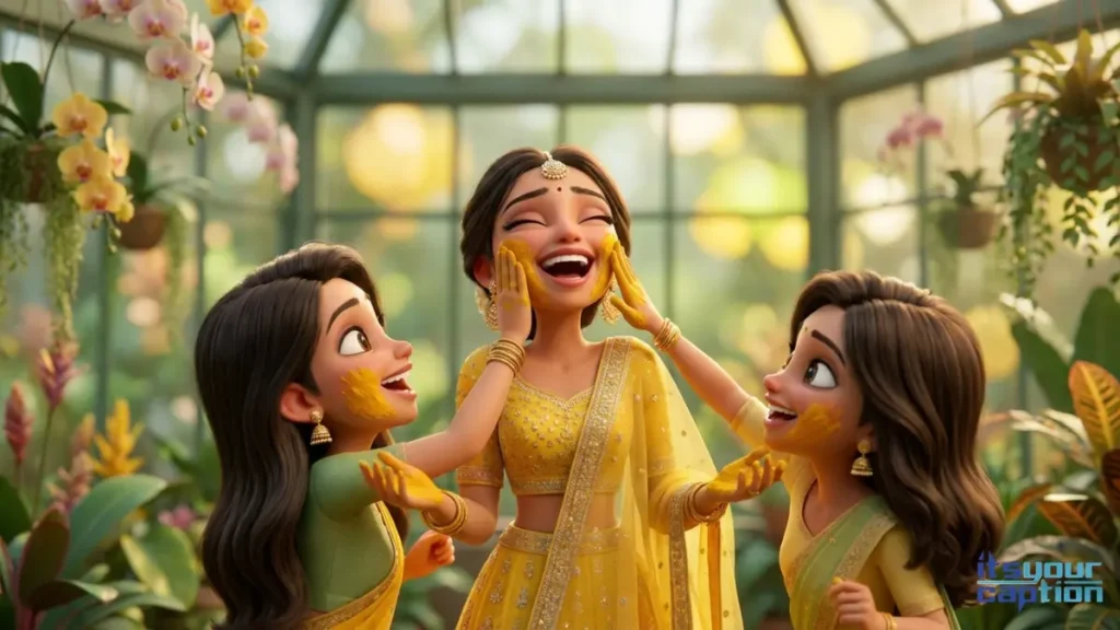 A wealthy Indian bride getting her face completely covered in yellow paste by her friends looking for funny words for messy pre-wedding photos.