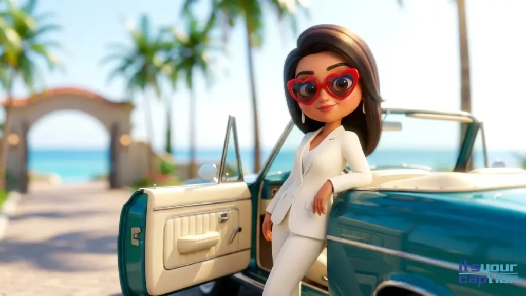 A stylish Indian young adult wearing heart shaped sunglasses preparing her music inspired 20th birthday lines next to a vintage convertible.