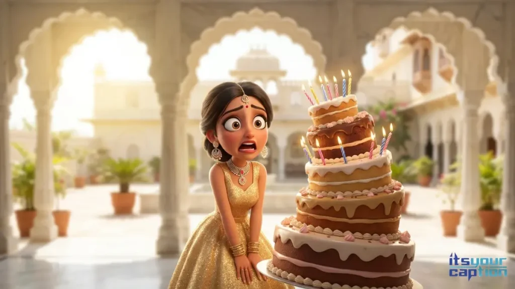 An Indian woman making a shocked face at a massive cake while thinking of funny lines for your twentieth year.