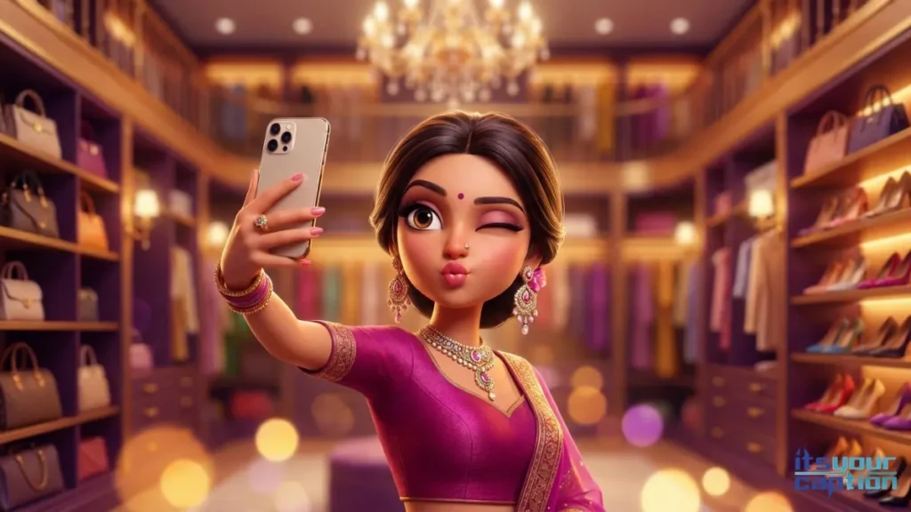 A fabulous Indian girl taking a mirror selfie in a massive walk in closet looking for attitude lines for entering her twenties.