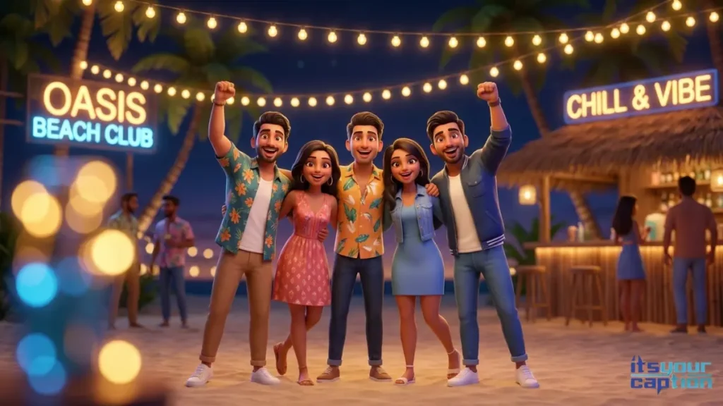 A squad of trendy Indian friends taking a group selfie in front of a colorful, high-end beach shack decorated with fairy lights.
