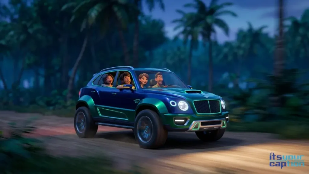 A group of young Indian travelers laughing in the back of an open-top luxury jeep driving through a tropical forest road.