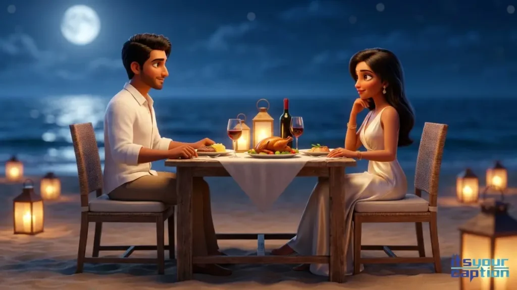 A romantic Indian couple sharing a quiet moment during a candlelit dinner on a private beach under the stars.