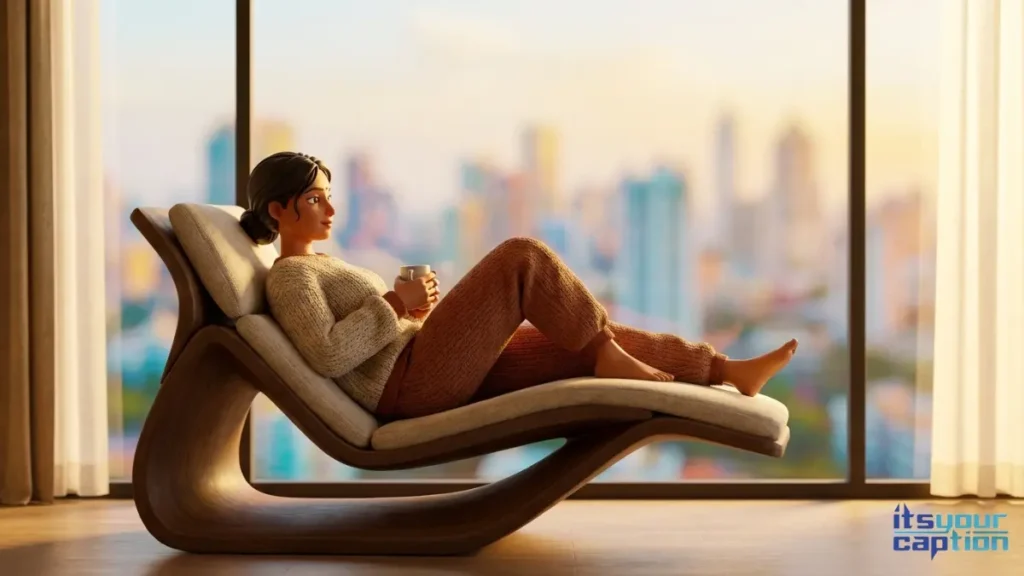 A stylish woman sipping coffee in a minimalist high-rise apartment with floor-to-ceiling windows.