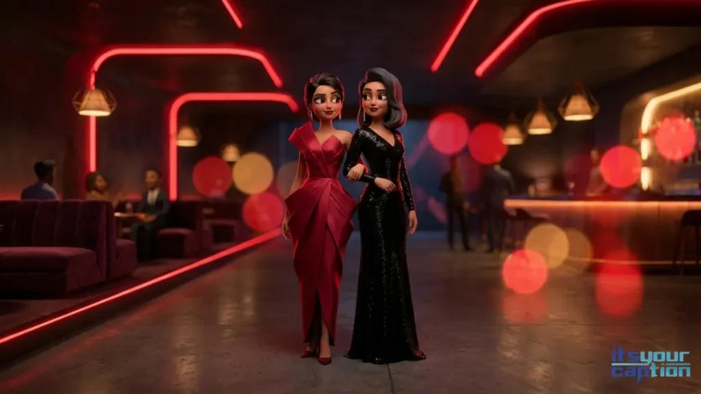 Two stylish Indian best friends posing together in coordinated black and red high-fashion outfits.