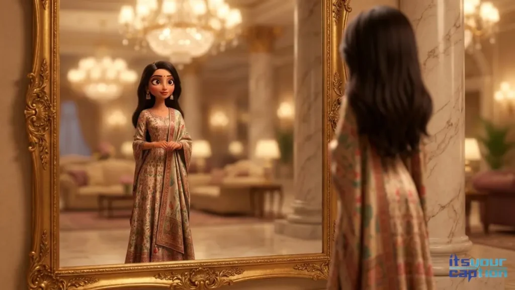 A stylish girl checking her reflection in a large ornate mirror in a luxury hotel lobby.