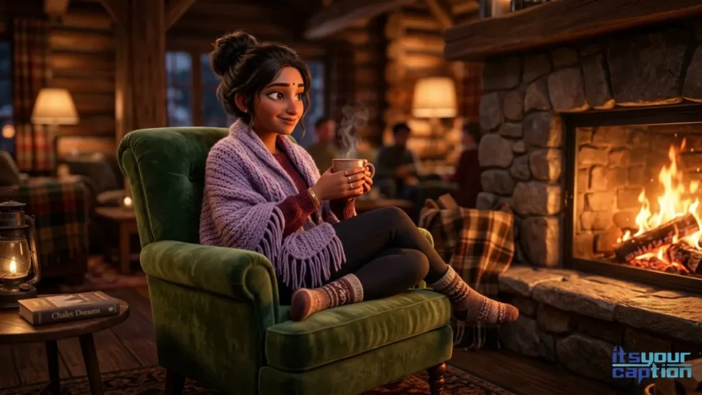 A wealthy Indian woman sitting in a plush velvet armchair by a fireplace with her pashmina collection.