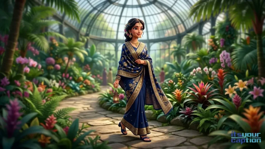 A graceful girl draped in a traditional embroidered wrap standing in a luxury floral conservatory.