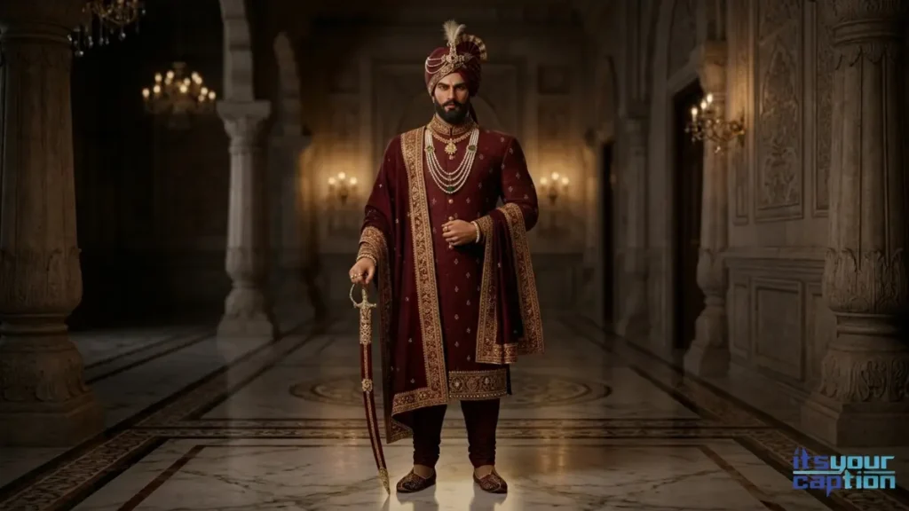 A royal Indian gentleman in a heritage handwoven pashmina standing in a grand palace hallway.