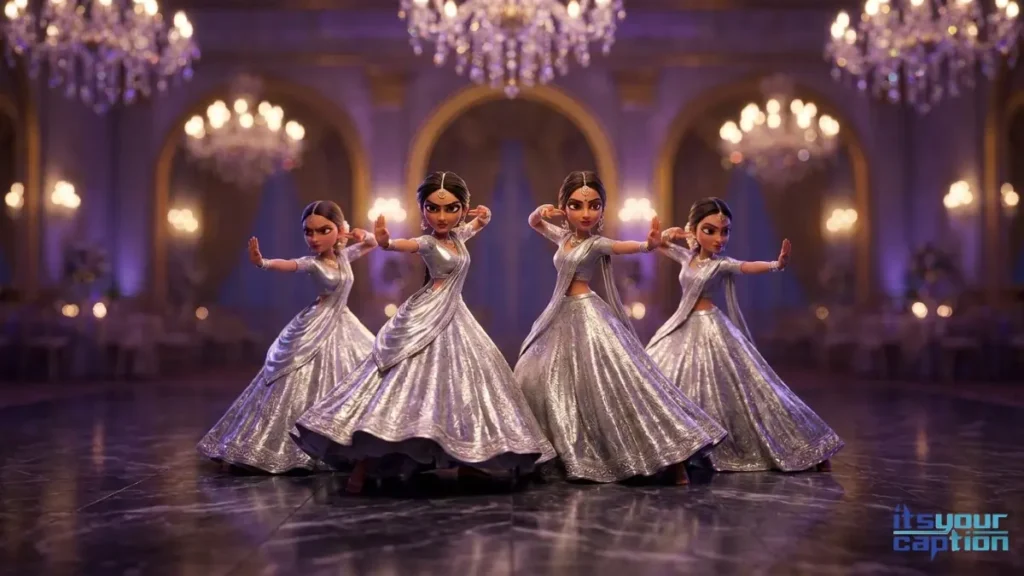 A fierce group of four Indian friends posing in metallic silver dresses, ready for matching bridesmaid phrases.