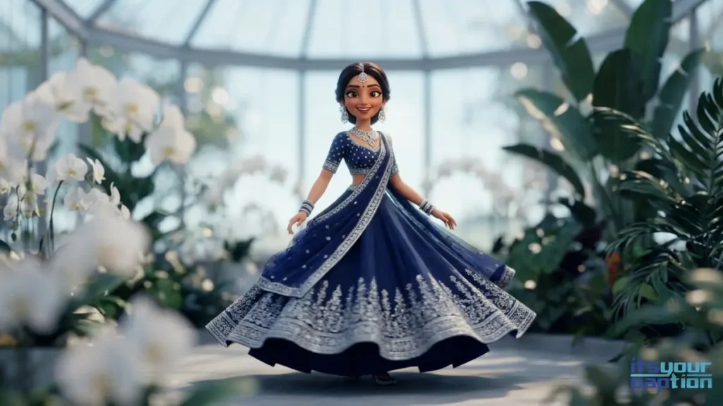 An elegant girl twirling in a navy blue festive outfit inside a glass botanical garden, matching deep blue traditional phrases.