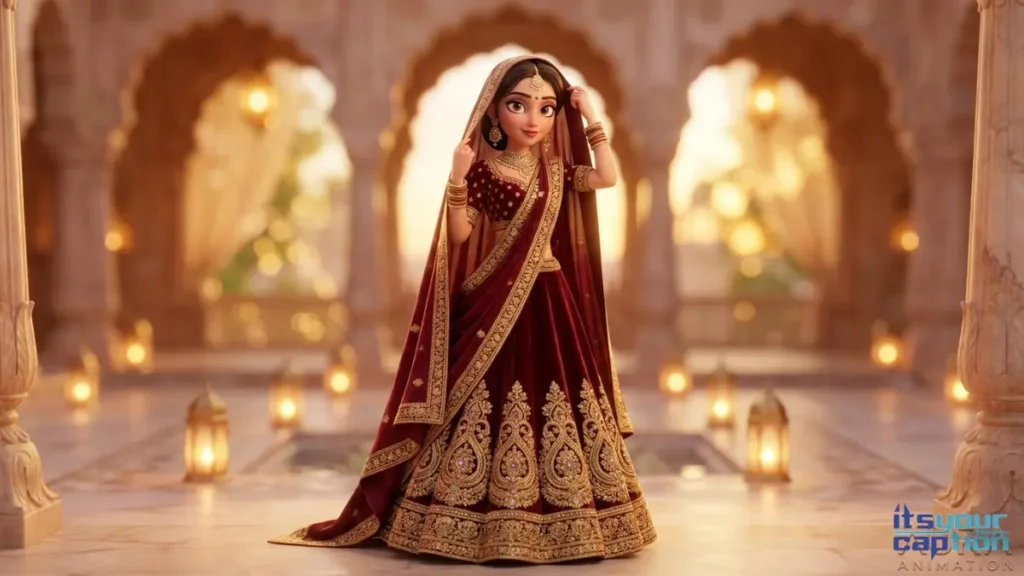 A beautiful Indian woman showing off the intricate zari work on her maroon velvet outfit, ideal for heavy embroidery captions.