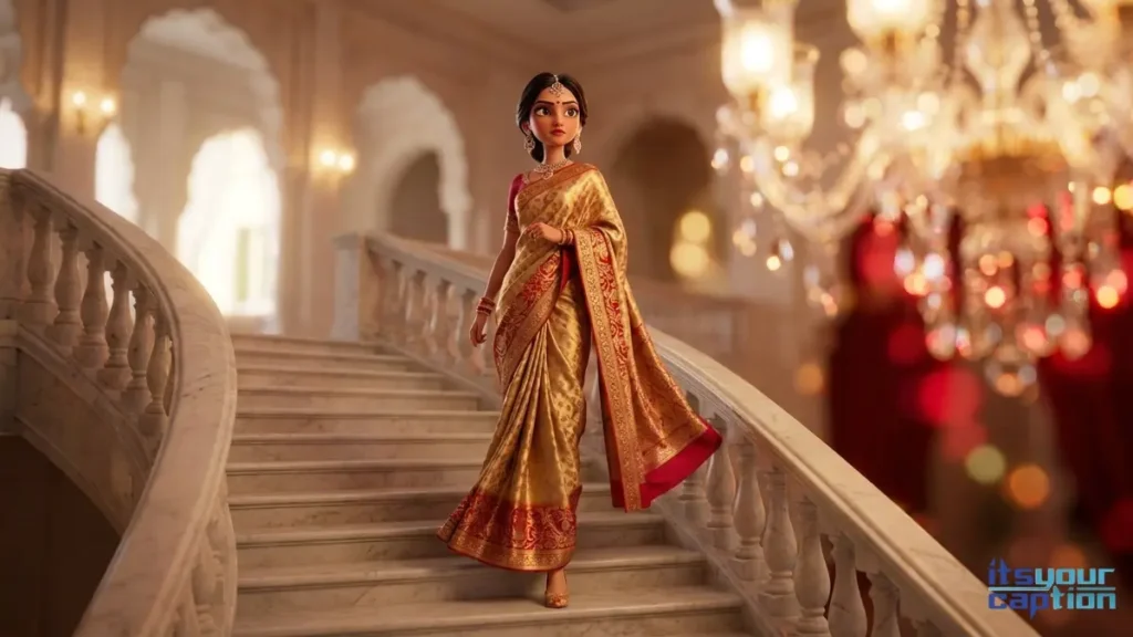 A graceful Indian woman wearing a beautiful traditional dress perfectly capturing positive Marathi captions for Instagram.