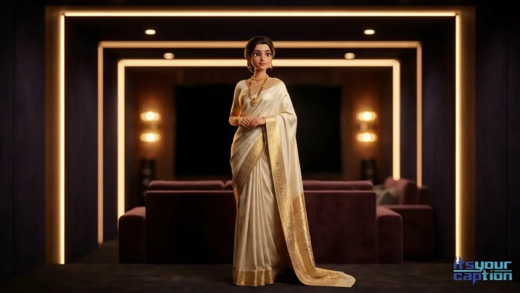 A stylish woman showing off her beautiful gold and ivory traditional dress in a private cinematic room, reflecting captions for Marathi attire and accessories.