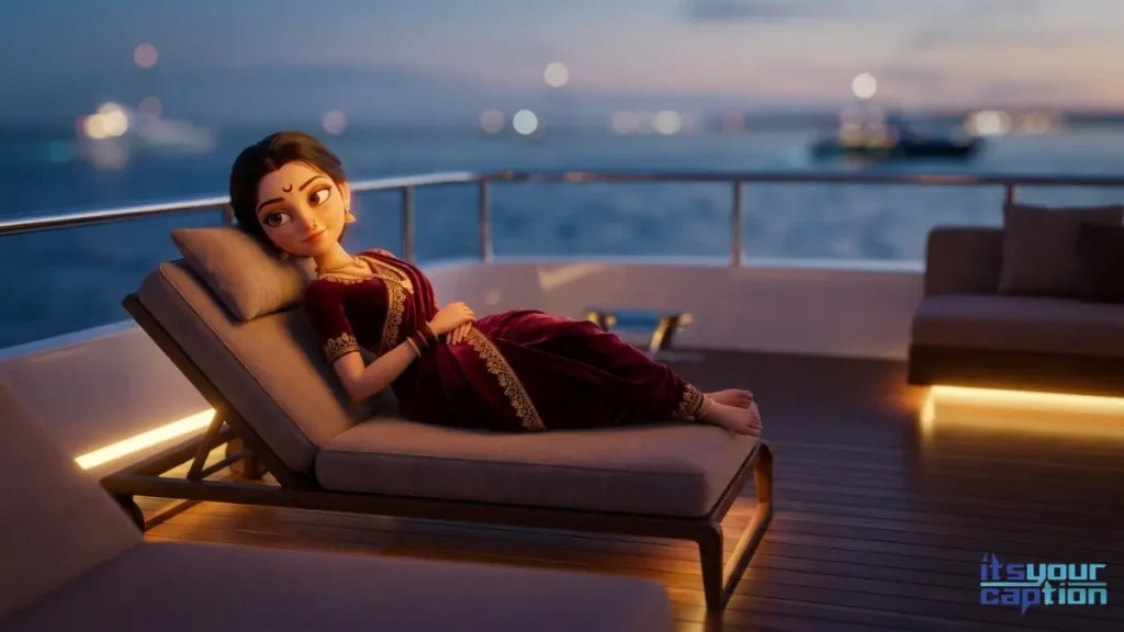 An elegant lady relaxing on the deck of a luxury yacht in her maroon traditional dress, perfectly matching beautiful Marathi aesthetic captions.