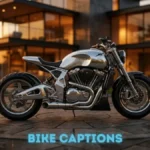 A breathtaking custom luxury motorcycle parked alone in the driveway of an ultra modern glass mansion at sunset.