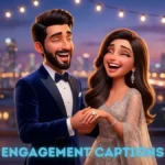 A wealthy Indian couple holding hands and smiling during their ring ceremony announcement on a luxury rooftop.