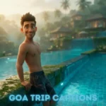 An elegant Indian traveler relaxing in a luxury infinity pool overlooking a lush tropical forest and distant coastline.