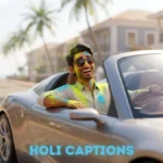 A stylish young Indian man smeared with colorful powder driving a luxury sports car, capturing the perfect messy color splashes for social media.