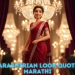 An elegant girl smiling brightly in a crimson red saree while attending an exclusive indoor gala, matching beautiful captions for a traditional Marathi look.