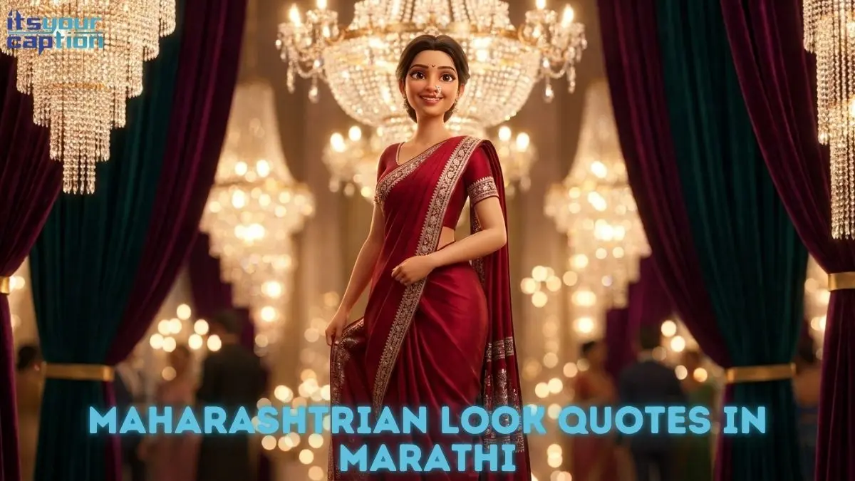 An elegant girl smiling brightly in a crimson red saree while attending an exclusive indoor gala, matching beautiful captions for a traditional Marathi look.