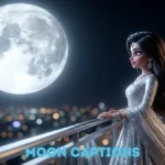 A wealthy young Indian woman on a penthouse balcony with a giant, glowing full moon positioned perfectly in the night sky behind her.