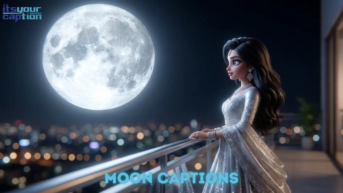 A wealthy young Indian woman on a penthouse balcony with a giant, glowing full moon positioned perfectly in the night sky behind her.