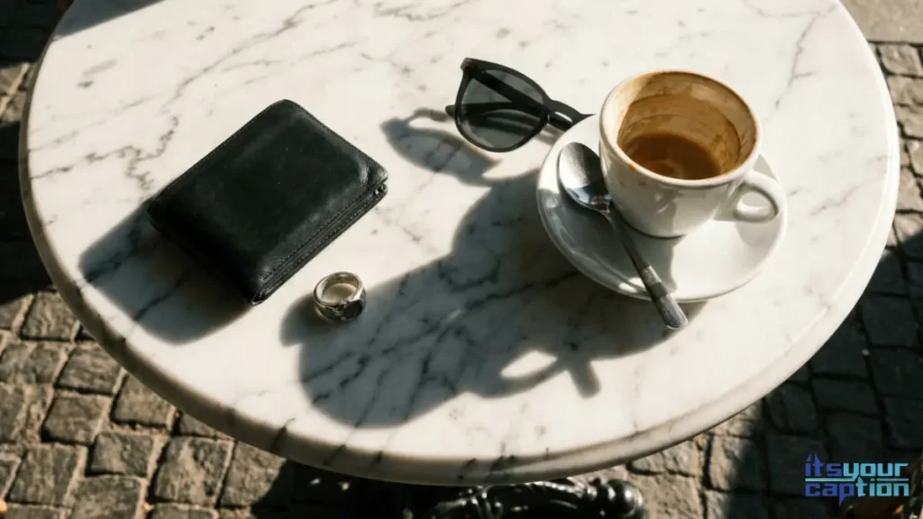 A sleek leather wallet and dark sunglasses on a marble cafe table, matching classy outfit instagram captions.