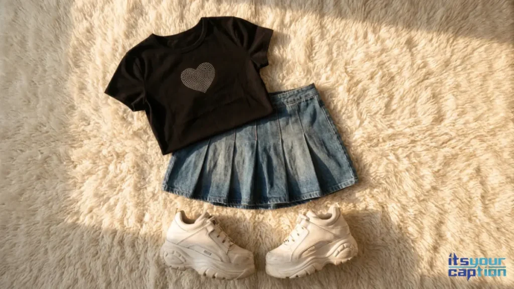 A rhinestone baby tee and denim mini skirt laid out on a fluffy rug to capture the ultimate vintage early internet outfit inspiration.
